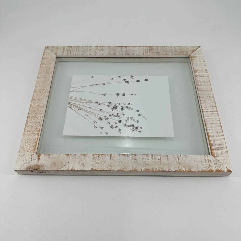 Distressed White Wood Picture Frame with Botanical Lavender Print Farmhouse Art